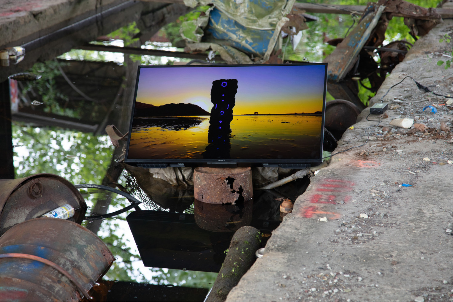 A video showing a monolith emerging from water at sunset plays on a screen installed in a trash-filled pool