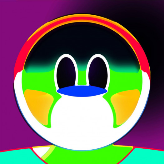 An emoji face with big black eyes, green cheeks, and a small blue mouth, set against a purple background
