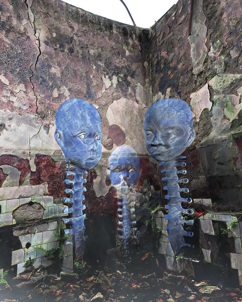 Images of blue baby heads atop spines appear in the corner of an old ruin