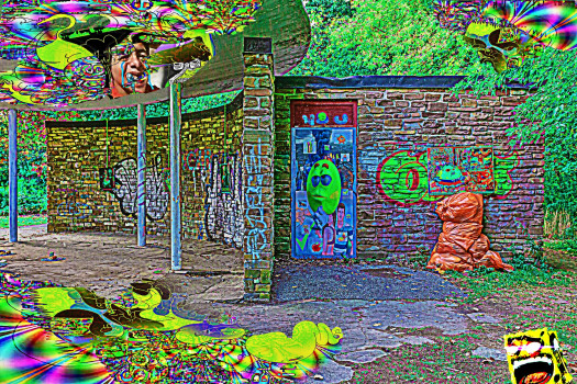 An image of a derelict public washroom, covered with graffiti, has been heavily edited to introduce a grainy texture and bright fluorescent colors