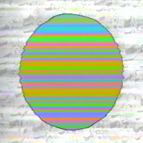 A rough circle of blinking green, blue, and pink lines flickers against a wavy black-and-white background