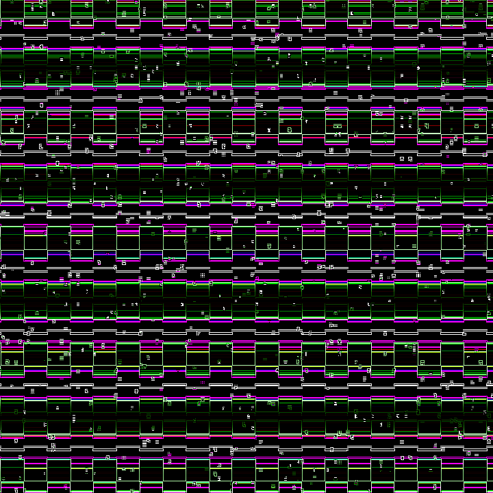 An abstract animation of green, white, and magenta ramparts moving up and down a black field