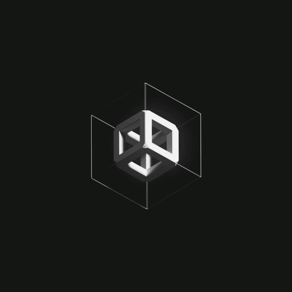 Animated 3D renderings of white cubes spinning on a black background, changing in number and group composition