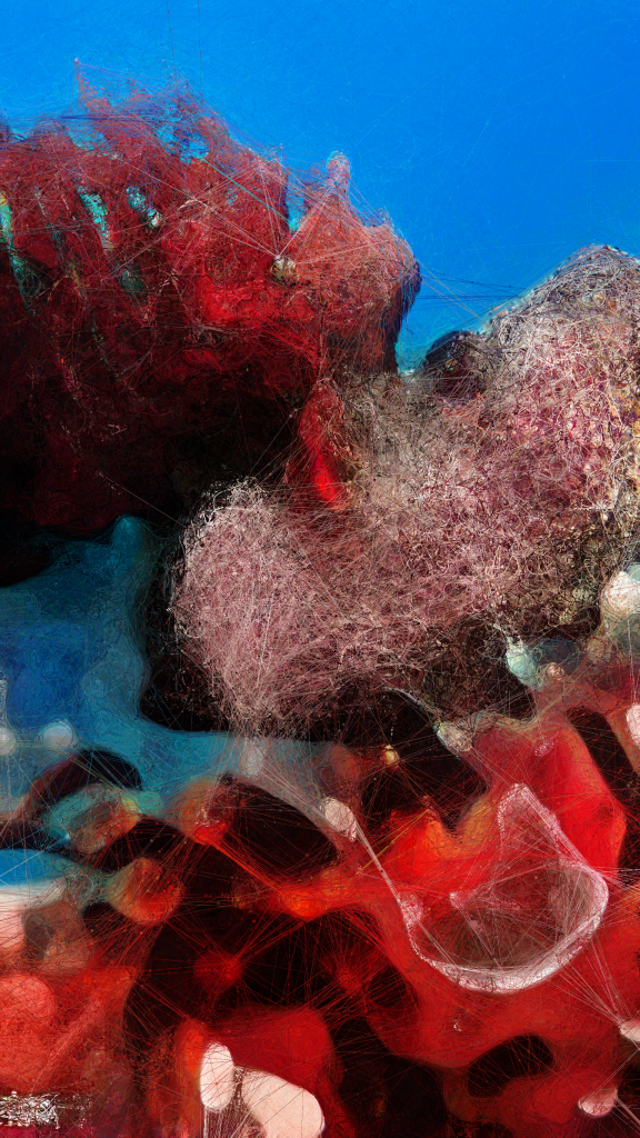 An image evoking bright red coral in a clear blue sea, though the edges are somewhat blurred and the surface is drawn with schematic lines