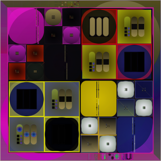 A digital abstraction in the form of a grid with beveled squares and circles in magenta, yellow, purple, and black
