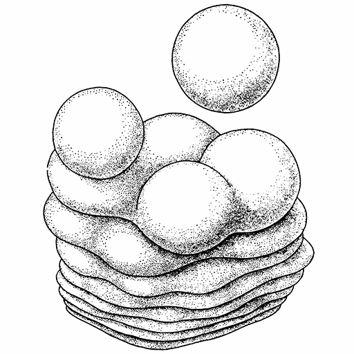 A black-and-white image of a group of spheres that decomposes into a mound of black pixels