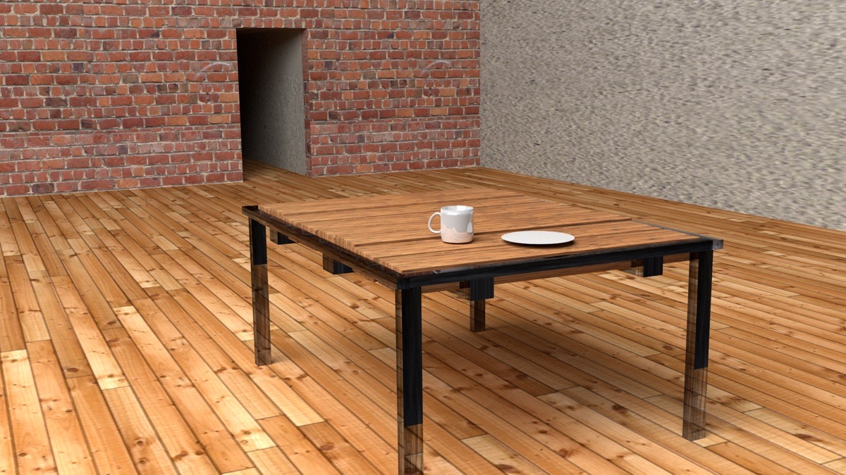 A 3D model of a simple room with a wooden floor and brick wall