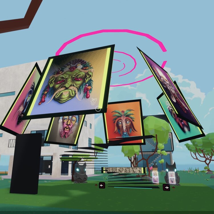 A virtual exhibition space with colorful images of masks floating in a circle above a green grove