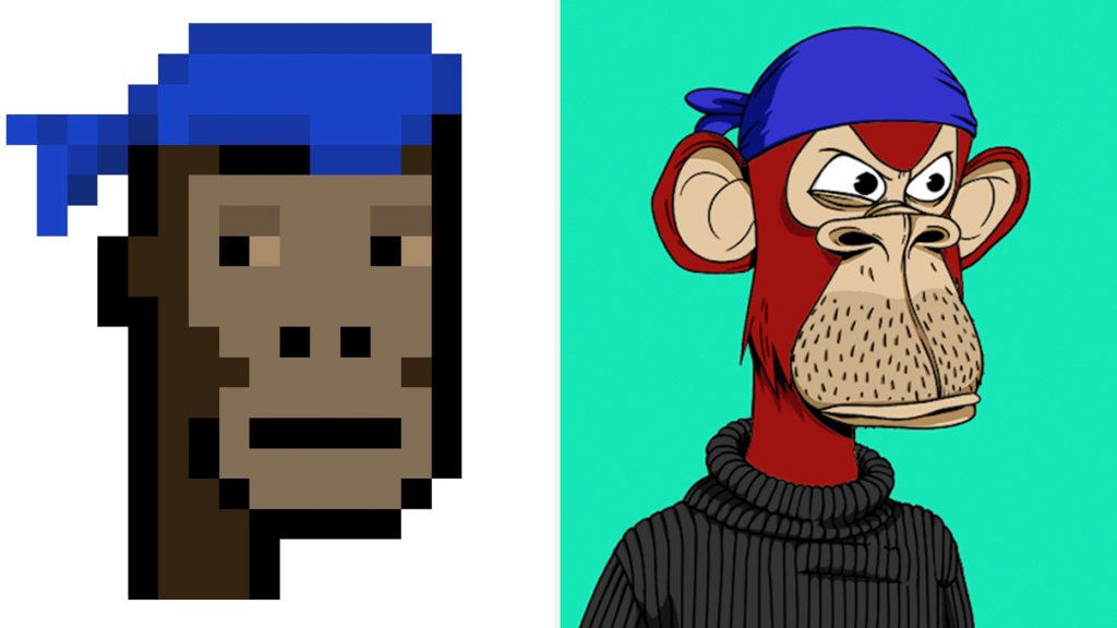 A diptych juxtaposing two drawings of apes in blue bandanas, one pixelated and the other a details digital drawing