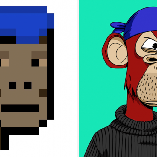 A diptych juxtaposing two drawings of apes in blue bandanas, one pixelated and the other a details digital drawing