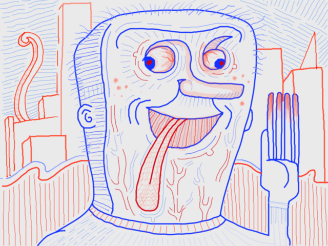 A cartooning drawing of a face with google eyes and a lolling tongue, done in lines of blue and red