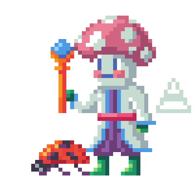 Pixel art of a mushroom headed figure in a white robe with a blue scepter, accompanied by a pet ladyburg