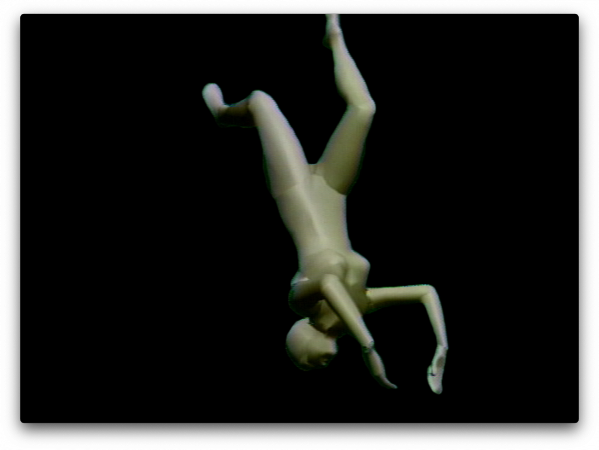A 3D model of a female figure falling upside down through a black void