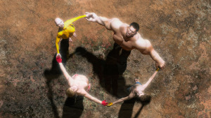 Four figures, including a bald woman in a yellow shirt and a hulking muscular man, hold hands in a circle while standing on a reddish rocky terrain
