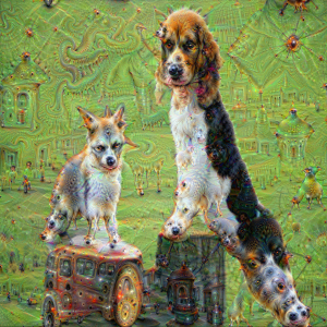 An image of two dogs sitting on tree stumps has been processed so that it is textured with eyes, snouts, people, birds and other imagery in a psychedelic, swirling pattern