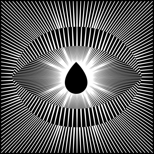 A stylized eye rendered in strokes of black and white radiating from a central black teardrop