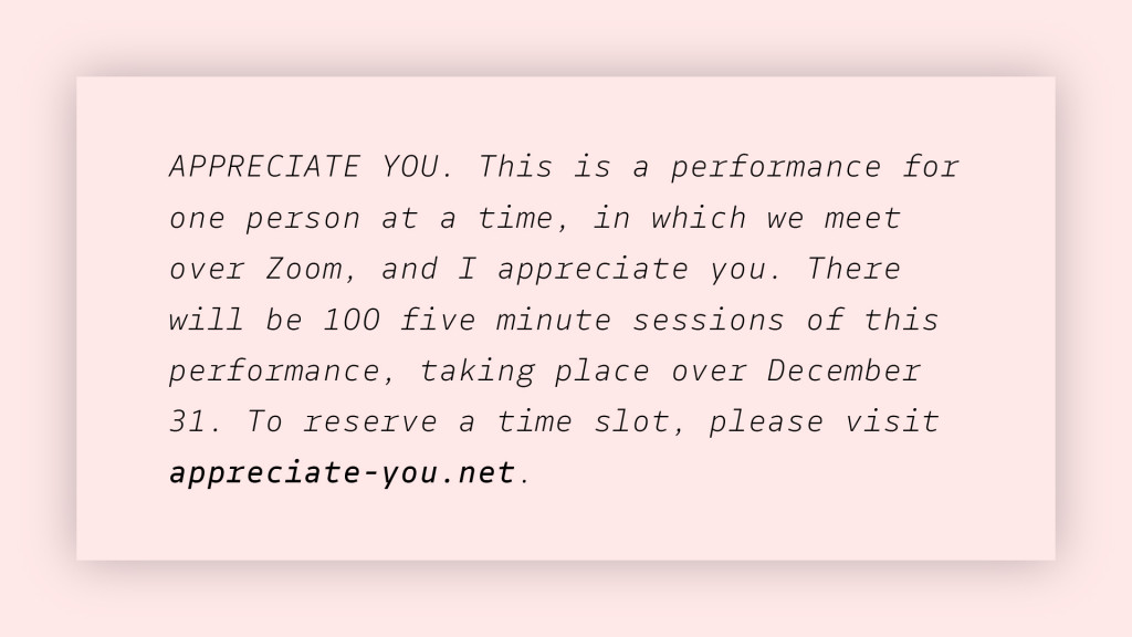 A pink card with text inviting the audience to participate in a Zoom perfromance