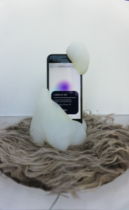 A smartphone showing a colorful orb rests in a blobby white resin