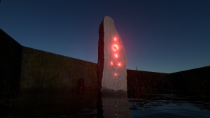 A concrete monolith lit with glowing red symbols stands on the roof of a building against a dusky sky