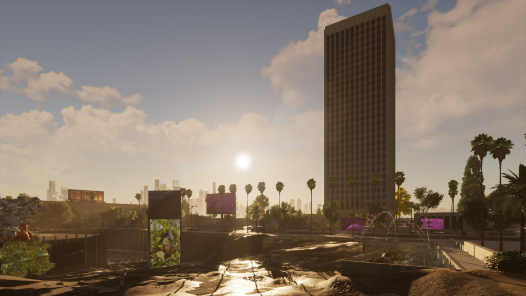 A 3D digital image of an excavation site surrounded by palm trees on a sunny day