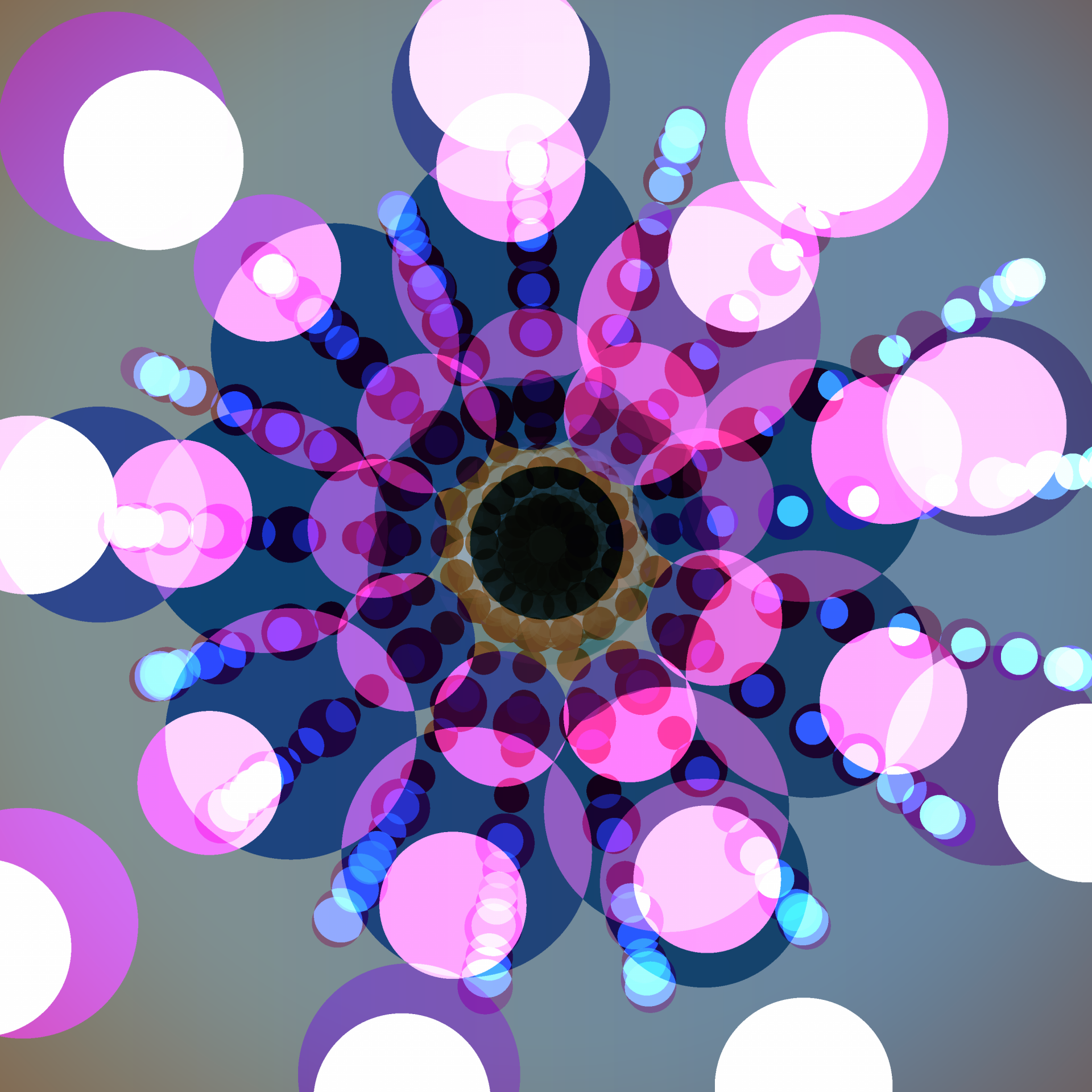 Circles of white, purple, pink, and dark blue form a pattern of radial lines around a central black hole