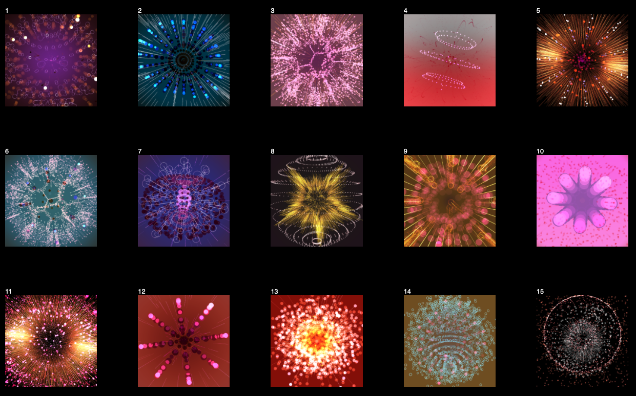 A grid of abstract images, most showing circles illuminated with bright colors and points of light