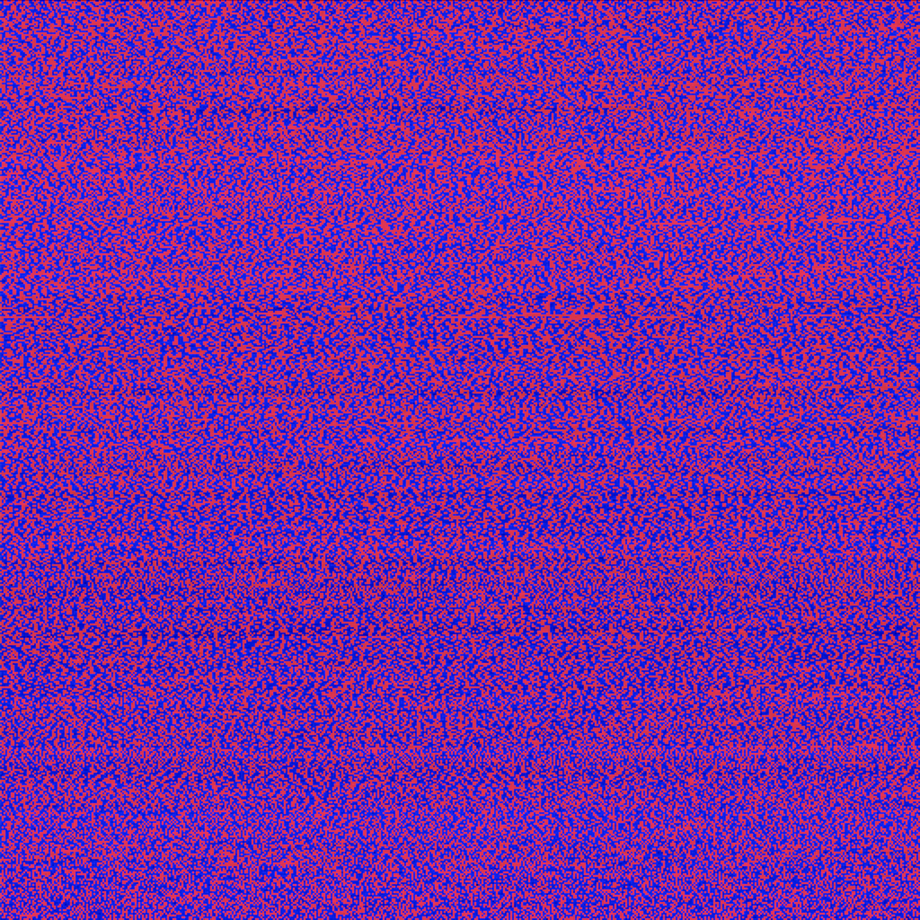 Small red and blue squares fill a larger square, creating an image that looks like static