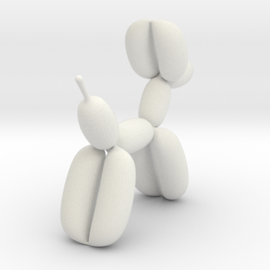 A 3D model of a white balloon dog, seen from a rear angle