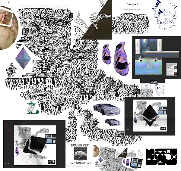 A digital collage showing a black and white maze, cars, the Ethereum logo, and smaller versions riffing on the collage itself
