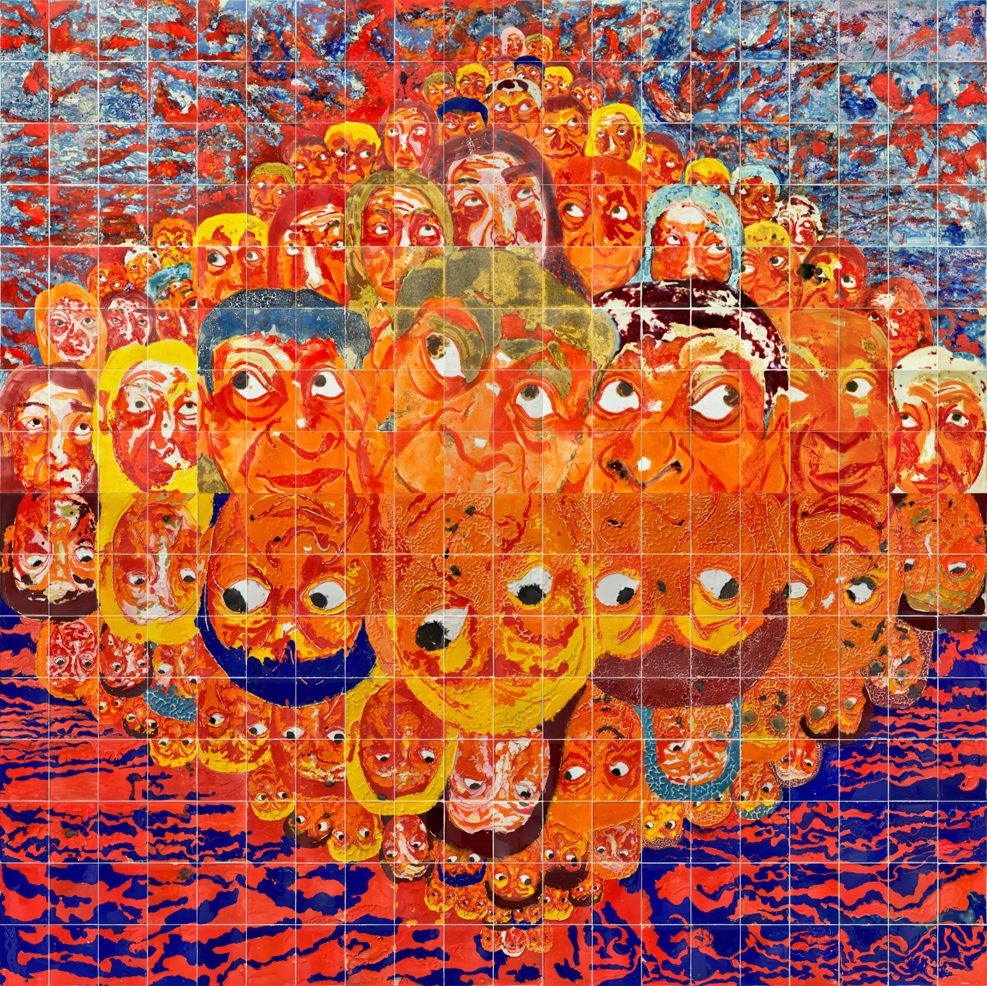 Rows of faces rendered in orange, red, and blue peer upward and to the side. Their reflection appears below the horizon line, as if reflected in water.