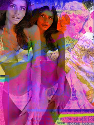 A digital collage of a bikini model and a neoclassical sculpture shaded with pink and blue