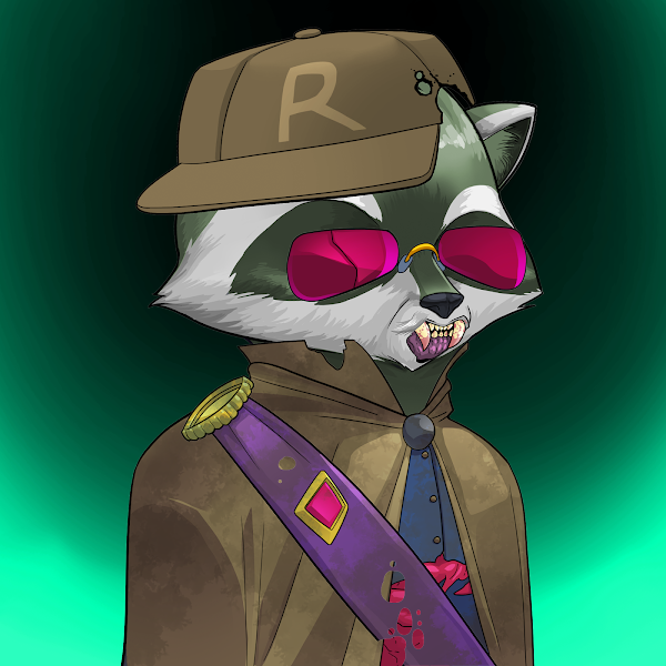 A digital illustration of a racoon with sharp fangs wearing pink sunglasses, a purple sash, and a brown military uniform