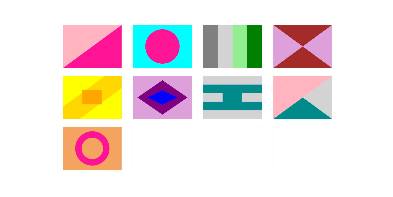 Nine flags, arrayed in two rows of four and one of one, with brightly colored minimal geometric abstractions