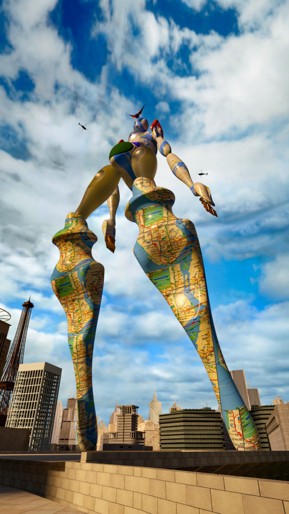 A digital image of a massive monumental sculpture standing in a city skyline, its legs printed with maps, helicopters circling around its head