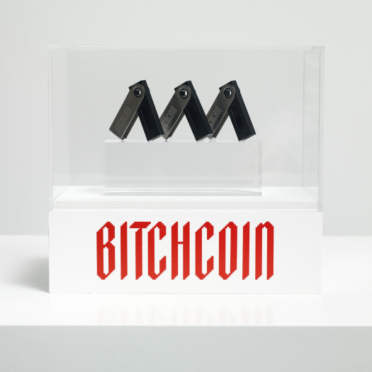 A plexi box on a white plinth holds three black thumb drives. Red text on the plinth reads Bitchcoin