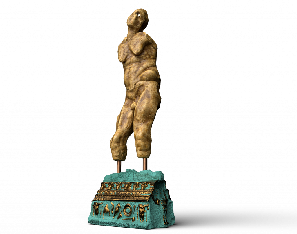 A 3D model of a monument where a one-eyed, armless stone figure stand atop a blue stone decorated with gilded inlays