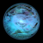 A digital image of a ribbed glass orb filled with cloudy blue color