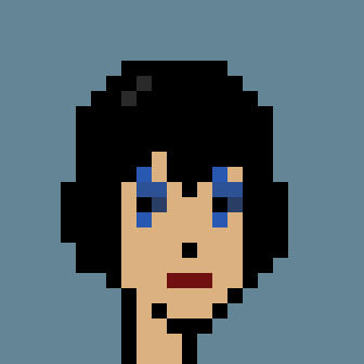A pixelated portrait of a woman with short black hair and lots of blue eyeshadow