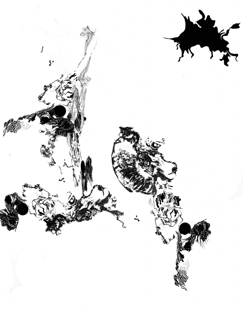 An abstract black-and-white drawing of multiple irregular shapes in empty space