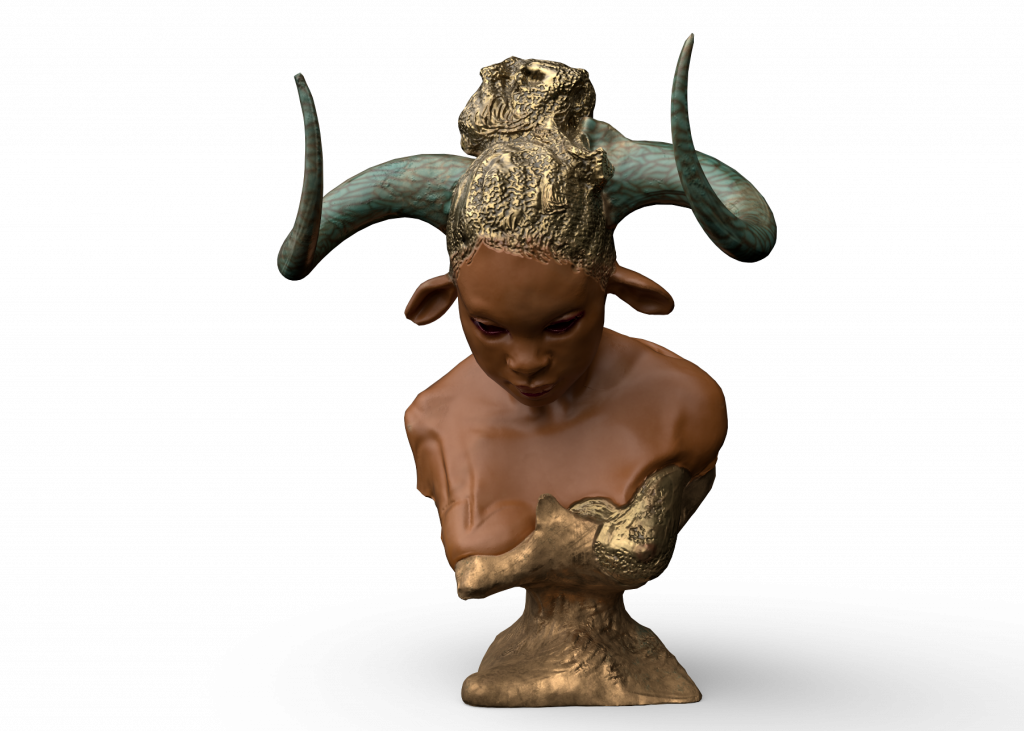 A 3D model of a bust of a brown-skinned woman with cowlike ears and two twisting blue-gray horns