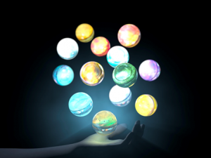 A digital image of an outstretched hand with thirteen multicolored glowing orbs