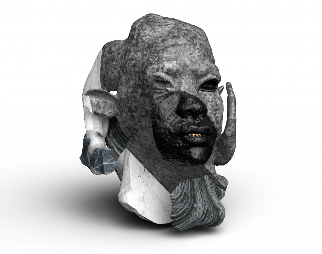 A 3D model of a bust of a woman, seemingly made of mottled gray stone with marble and black insets