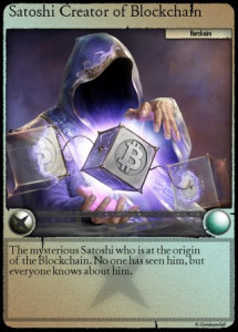 A trading card showing a faceless figure in a hooded robe holding their hands around a hovering cube with the Bitcoin logo