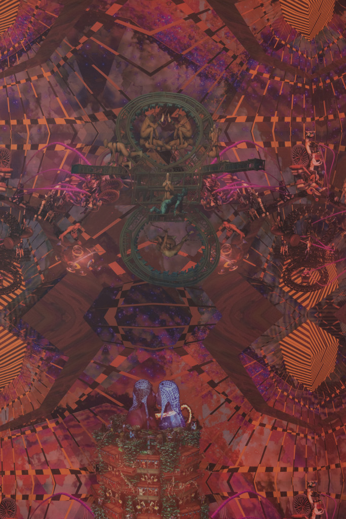 An image from a digital video where small figures pose in a kaleidoscopic field dominated by tones of maroon