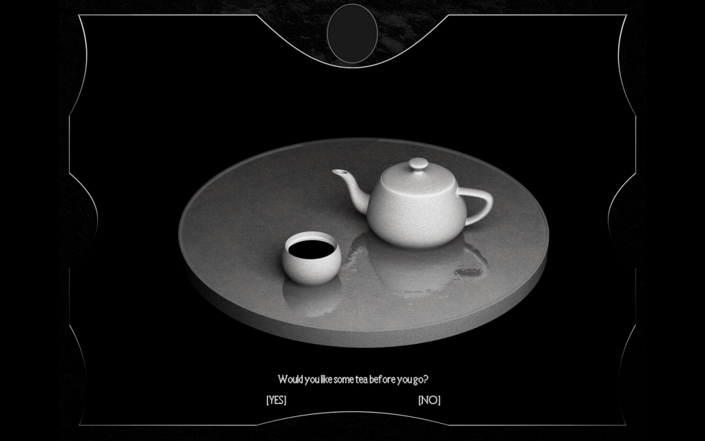 A digital rendering of a white teapot and a cup of tea on a gray table
