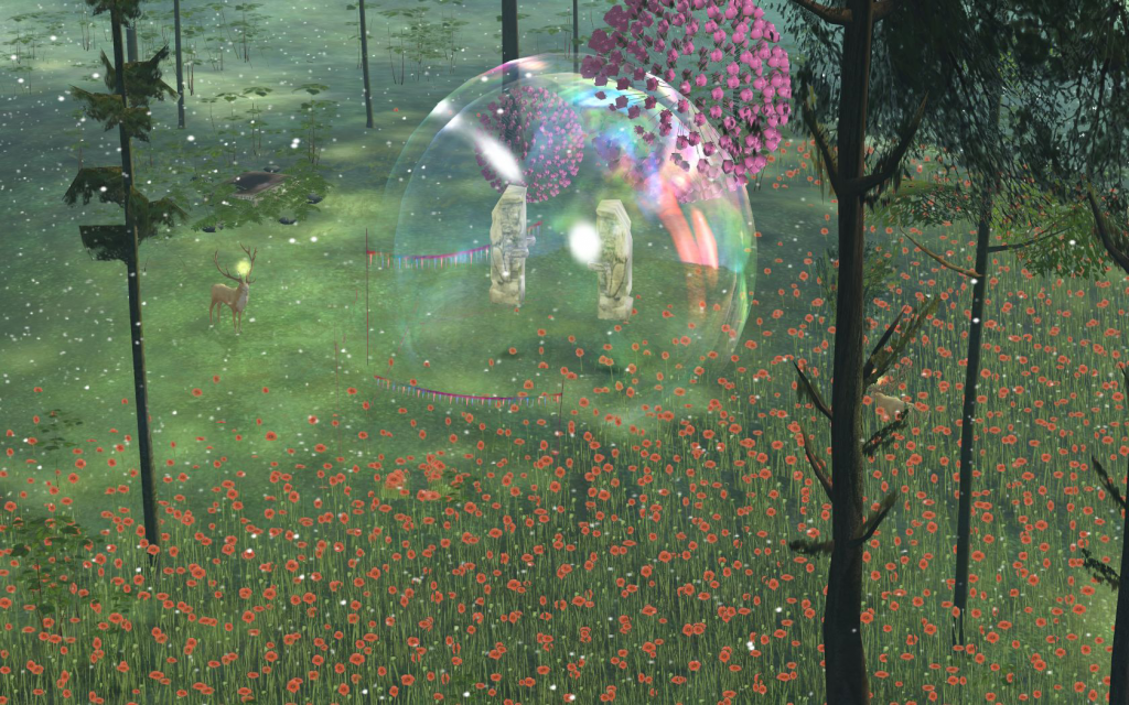 A still from a video game showing a clearing in a forest carpeted with wildflowers. A deer with a golden globe glowing between its antlers looks up a large iridescent bubble holding two gray stone figures