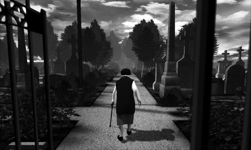 A still from a video game showing an old woman from behind, entering the gates to a graveyard