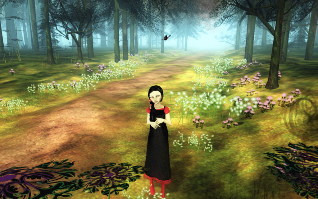 A still from a video game showing a girl in a black dress standing at the edge of a path leading into a misty forest