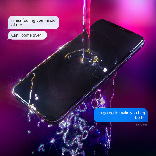 A digital image of a phone suspended in a stream of clear viscous liquid. Text message bubbles hover around it