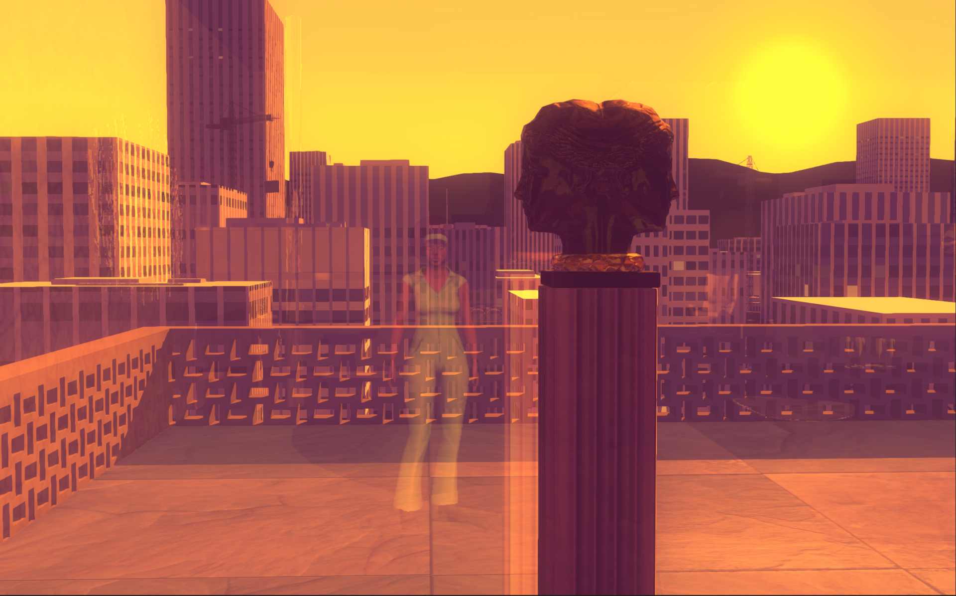 A still from a video game showing a view of a terrace of a city apartment at sunset. A woman's reflection is visible, suggesting she is standing inside and looking out the glass doors